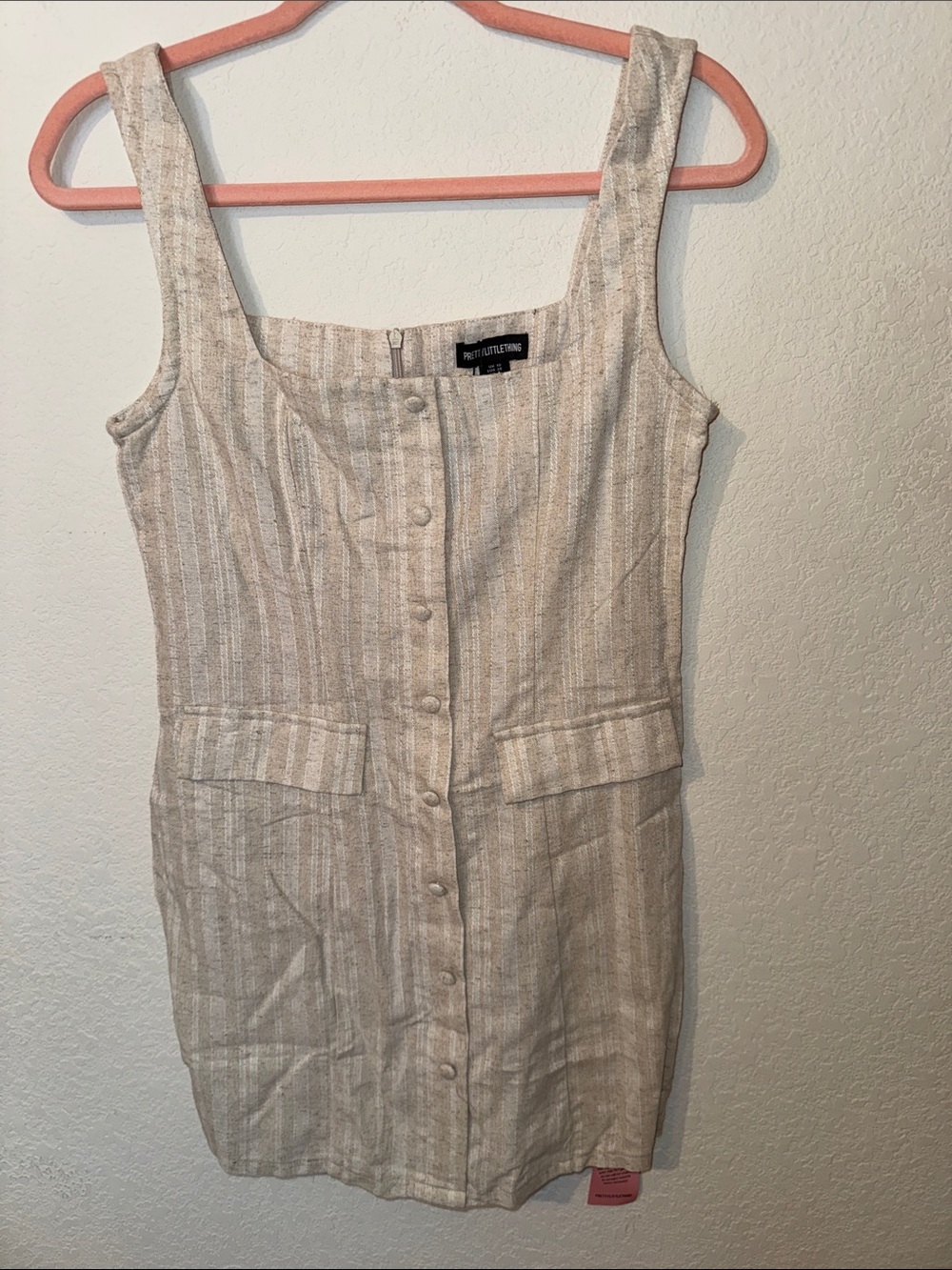 PrettyLittleThing Beige Striped Button-Front Mini Dress